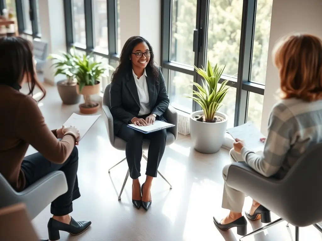 Career coach guiding a client in a modern office.